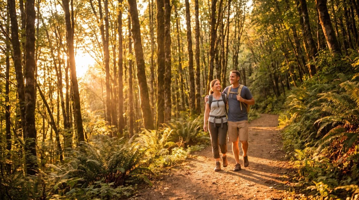 A couple hiking a sunlit forest trail in the late afternoon
