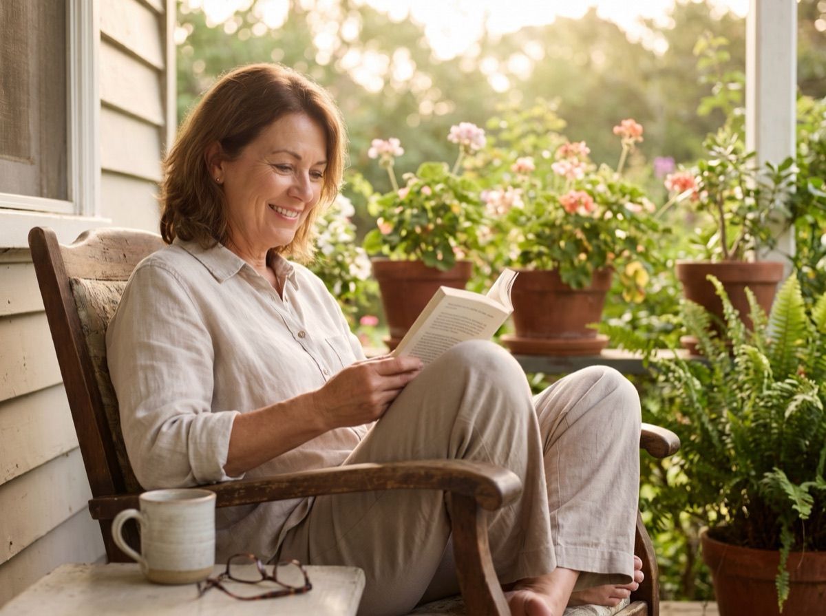 A woman reading on a porch in the evening light, plants around her